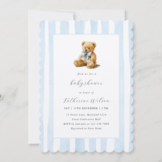 Elegant Blue Stripes Teddy Bear Baby Shower 招待状 (正面)