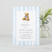 Elegant Blue Stripes Teddy Bear Baby Shower  招待状 (スタンド正面)