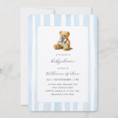 Elegant Blue Stripes Teddy Bear Baby Shower  招待状 (正面)