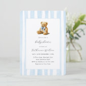 Elegant Blue Stripes Teddy Bear Baby Shower  招待状 (スタンド正面)