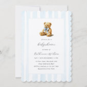 Elegant Blue Stripes Teddy Bear Baby Shower  招待状 (正面)