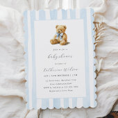 Elegant Blue Stripes Teddy Bear Baby Shower 招待状