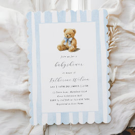Elegant Blue Stripes Teddy Bear Baby Shower  招待状