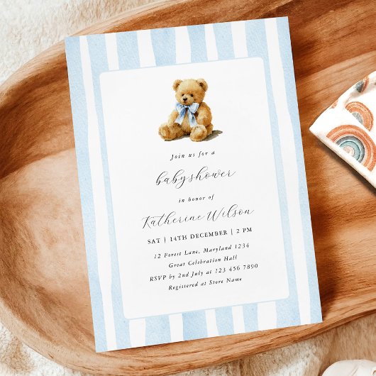Elegant Blue Stripes Teddy Bear Baby Shower  招待状