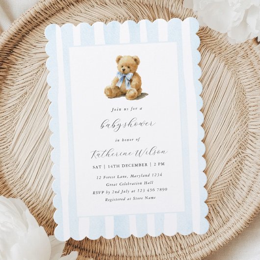 Elegant Blue Stripes Teddy Bear Baby Shower  招待状