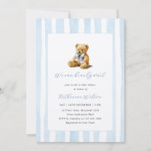 Elegant Blue Stripes Teddy Bear Baby Shower  招待状 (正面)