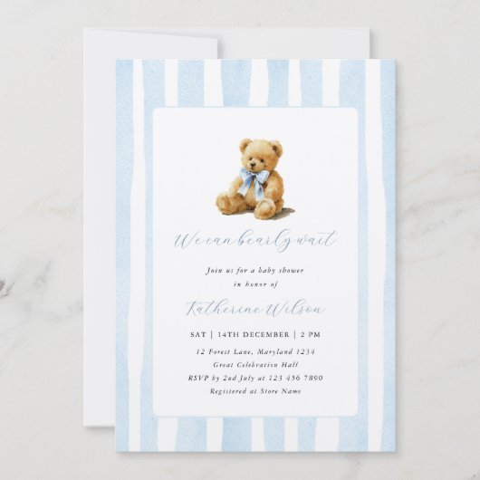 Elegant Blue Stripes Teddy Bear Baby Shower  招待状 (正面)