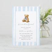 Elegant Blue Stripes Teddy Bear Baby Shower  招待状 (スタンド正面)
