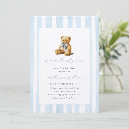 Elegant Blue Stripes Teddy Bear Baby Shower  招待状 (スタンド正面)