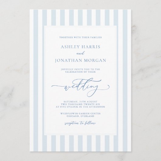 Elegant Blue Stripes Wedding Invitation 招待状 (正面)