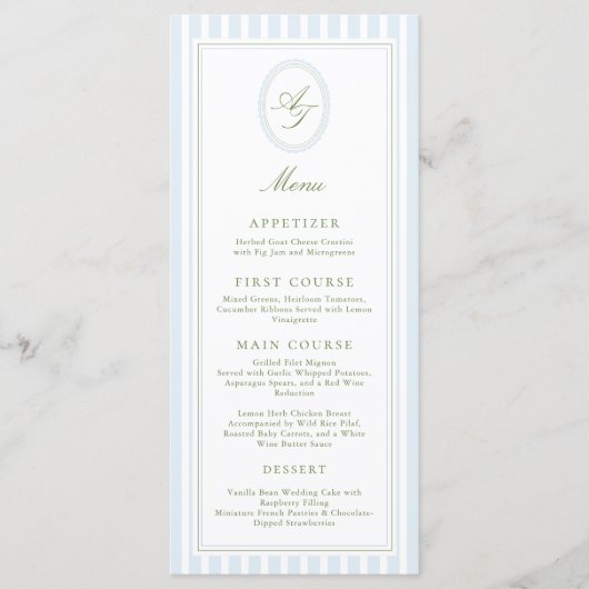 Elegant Blue Stripes Wedding Menu メニュー (正面)