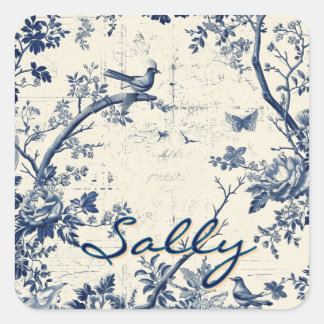 Elegant Blue Toile Bird Floral Pattern スクエアシール
