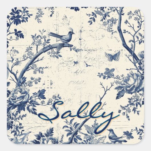 Elegant Blue Toile Bird Floral Pattern スクエアシール (正面)