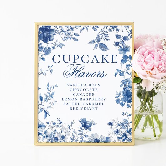 Elegant Blue Toile Chinoiserie Cupcake Flavor Sign ポスター