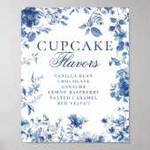 Elegant Blue Toile Chinoiserie Cupcake Flavor Sign ポスター (正面)