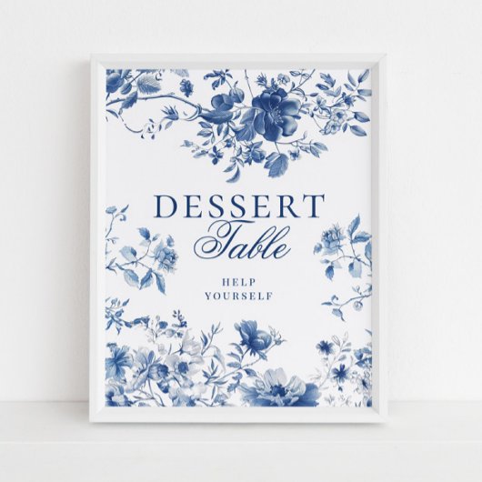 Elegant Blue Toile Chinoiserie Dessert Table Sign ポスター