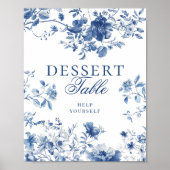 Elegant Blue Toile Chinoiserie Dessert Table Sign ポスター (正面)