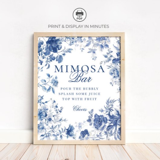 Elegant Blue Toile Chinoiserie Mimosa Bar Sign ポスター