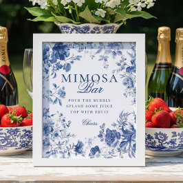 Elegant Blue Toile Chinoiserie Mimosa Bar Sign ポスター