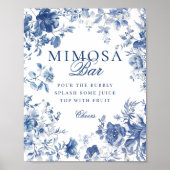 Elegant Blue Toile Chinoiserie Mimosa Bar Sign ポスター (正面)