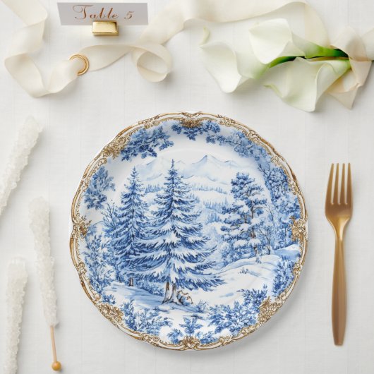 Elegant Blue Toile Christmas Tree Holiday Dining  ペーパープレート (ウェディング)