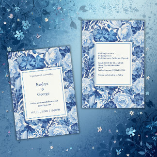 Elegant Blue Toile Floral Chinoiserie Wedding 招待状