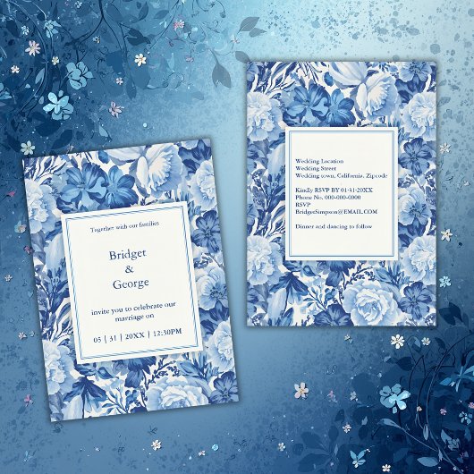 Elegant Blue Toile Floral Chinoiserie Wedding 招待状