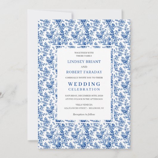 Elegant Blue Toile Floral Classic Wedding Invites 招待状 (正面)