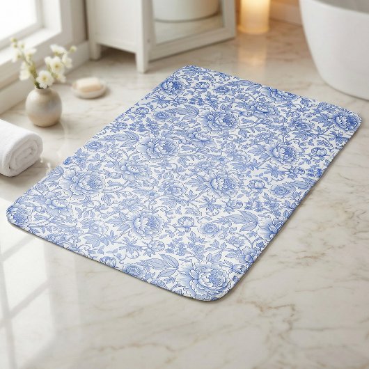 Elegant Blue Toile Floral Decor バスマット