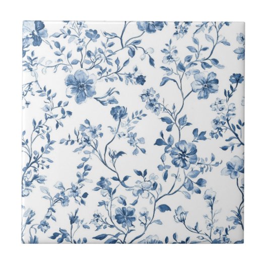 Elegant Blue Toile Floral Pattern Ceramic Tile タイル (正面)