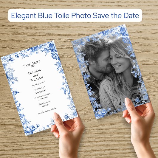 Elegant Blue Toile Photo Save the Date 招待状