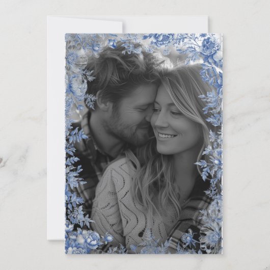 Elegant Blue Toile Photo Save the Date 招待状 (裏面)