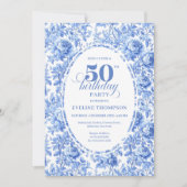 Elegant Blue Toile Rose 50th Birthday Invitation 招待状 (正面)