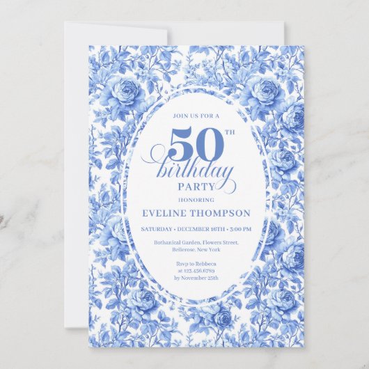Elegant Blue Toile Rose 50th Birthday Invitation 招待状 (正面)