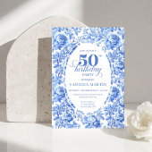 Elegant Blue Toile Rose 50th Birthday Invitation 招待状
