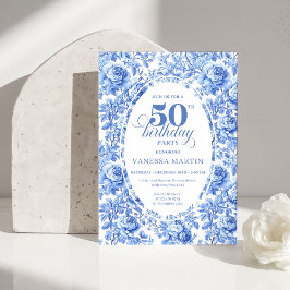 Elegant Blue Toile Rose 50th Birthday Invitation 招待状