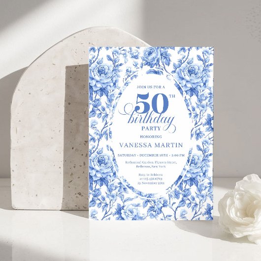 Elegant Blue Toile Rose Floral 50th Birthday Invit 招待状