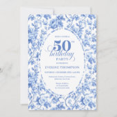 Elegant Blue Toile Rose Floral 50th Birthday Invit 招待状 (正面)