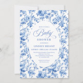 Elegant Blue Toile Rose Floral Baby Shower Invite 招待状 (正面)
