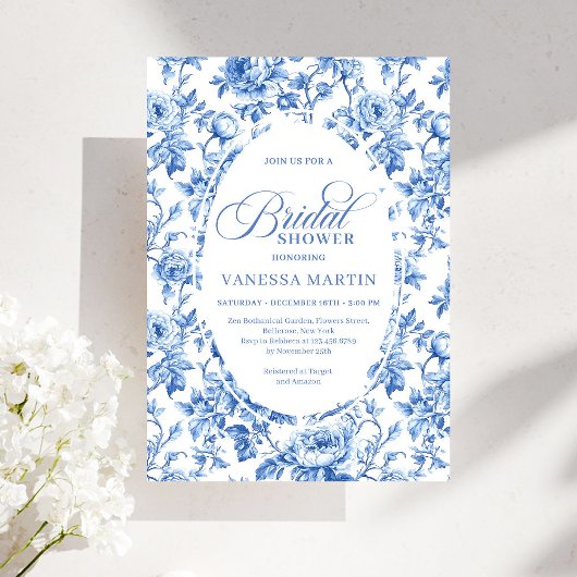 Elegant Blue Toile Rose Floral Bridal Shower Invit 招待状