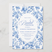 Elegant Blue Toile Rose Floral Bridal Shower Invit 招待状 (正面)