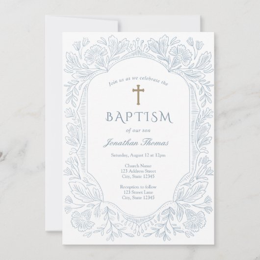 Elegant Blue Traditional Baptism Invitation 招待状 (正面)