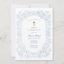 Elegant Blue Traditional First Communion  招待状