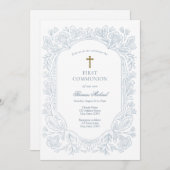 Elegant Blue Traditional First Communion 招待状 (正面/裏面)
