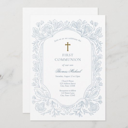 Elegant Blue Traditional First Communion  招待状 (正面/裏面)