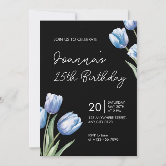 Elegant Blue Tulip Birthday Party Invitation 招待状 (正面)