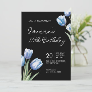Elegant Blue Tulip Birthday Party Invitation 招待状