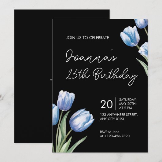 Elegant Blue Tulip Birthday Party Invitation 招待状 (正面/裏面)