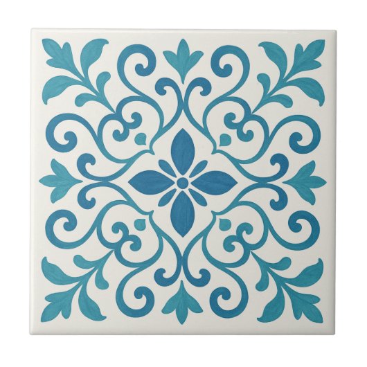 Elegant Blue & Turquoise Mediterranean Floral Tile タイル (正面)