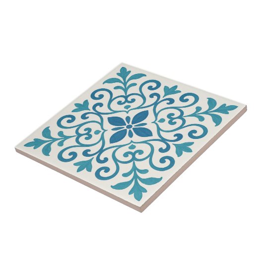 Elegant Blue & Turquoise Mediterranean Floral Tile タイル (側面)